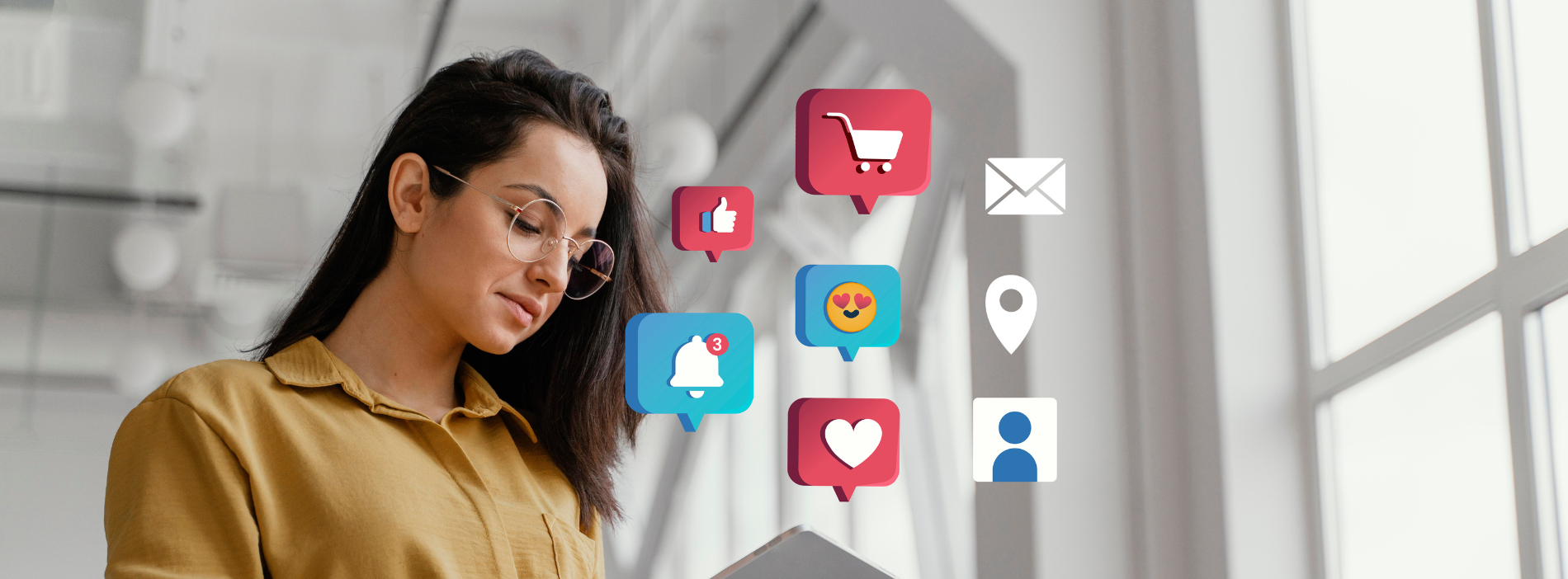 Woman using tablet for social media marketing and online shopping icons.