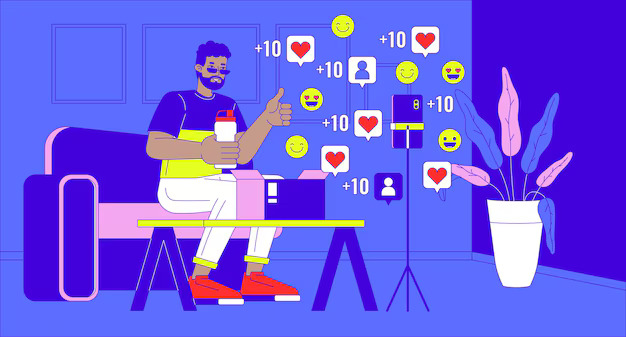 Illustration of a man sitting on a sofa looking at his phone, surrounded by bubbles showing likes, comments, and reactions, representing social media engagement and the impact of viral content versus consistent posting.
