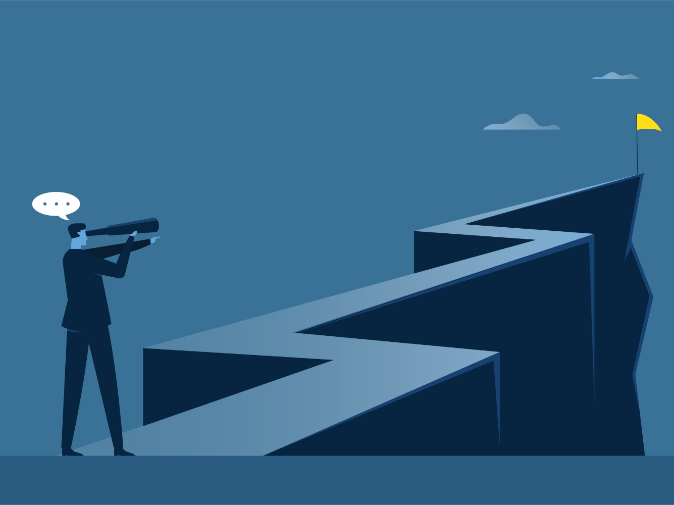 Illustration of a man in a suit holding a telescope, looking at a winding path leading up a steep cliff toward a yellow flag, symbolizing how perfectionism creates delays and obstacles on the journey to progress.