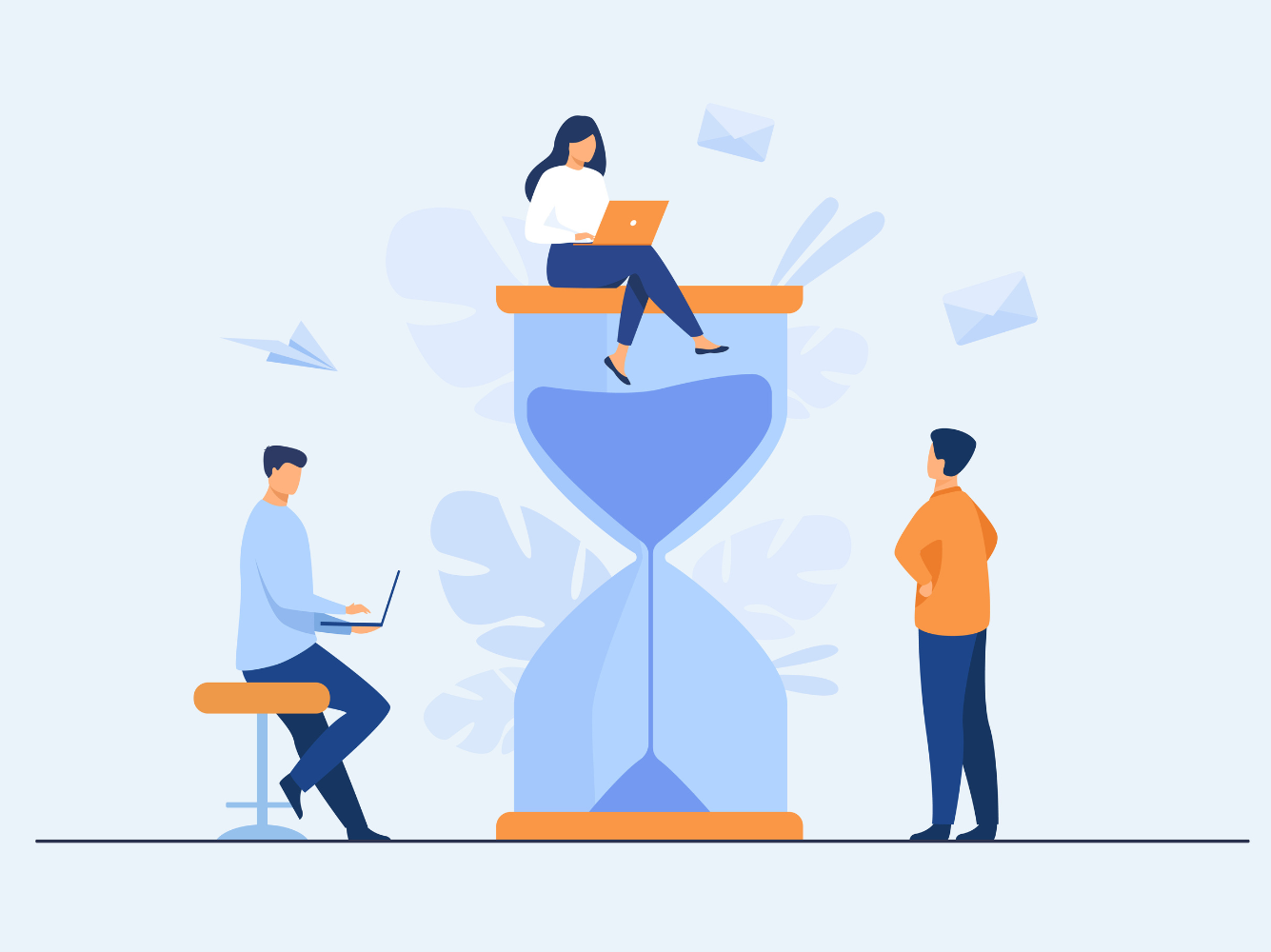 Illustration of people working around a large hourglass, symbolizing patience, perseverance, and the power of sabr in waiting for the right outcomes over time.
