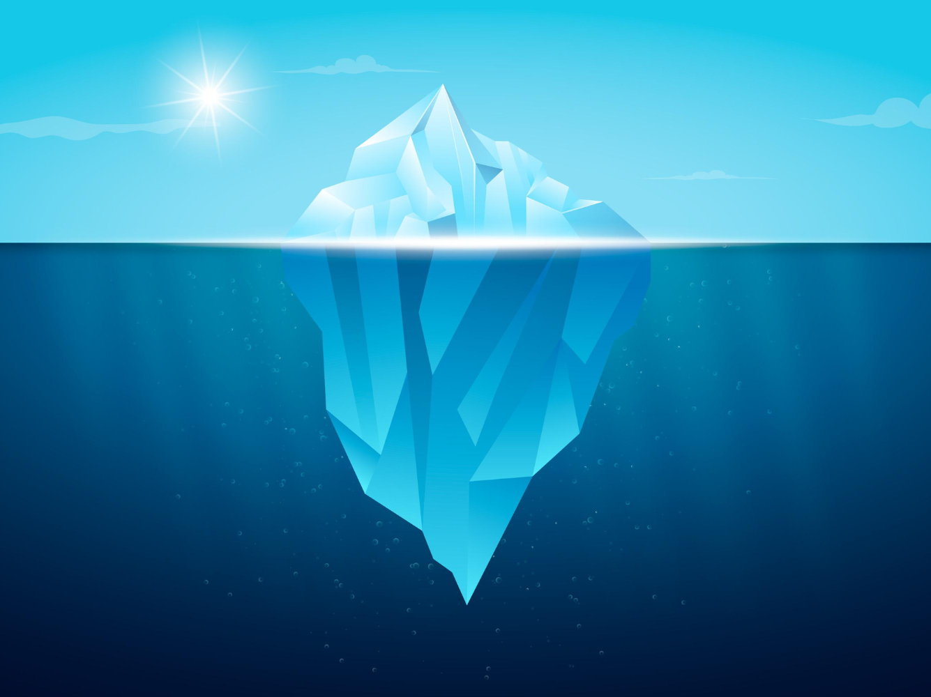 Illustration of an iceberg floating in the ocean, with a small part above water and a much larger mass hidden beneath the surface, symbolizing the unseen weight of what we carry within.