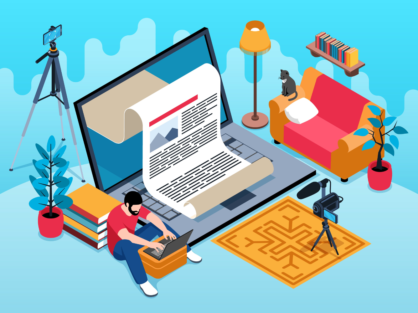 Illustration of a man typing on a laptop with a giant digital scroll emerging from a screen, symbolizing blogging, creativity, and the power of storytelling in marketing.