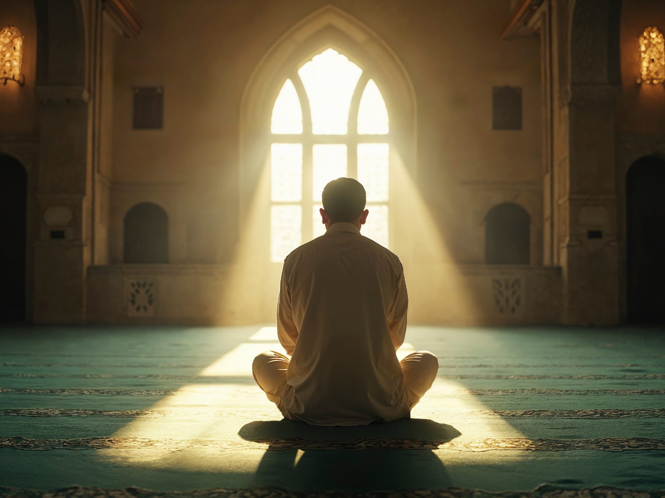 A man sitting in reflection inside a mosque with sunlight streaming through the window, symbolizing tawakkul in marketing—doing your best in strategy while trusting Allah with the results