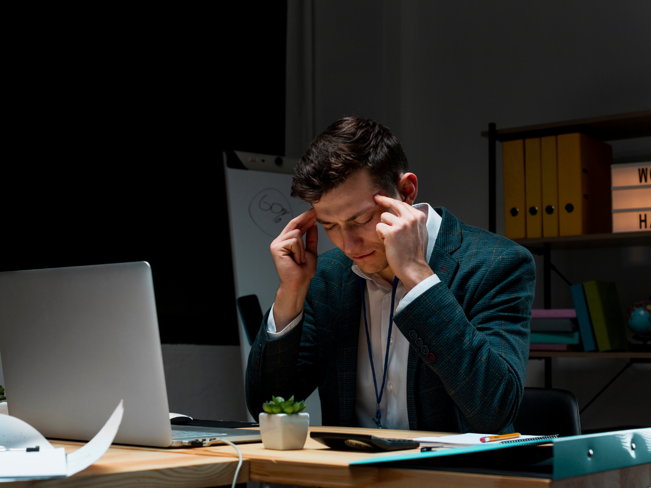 Stressed man sitting at his desk late at night with his fingers on his temples, reflecting the fear of failure and pressure to succeed at work.