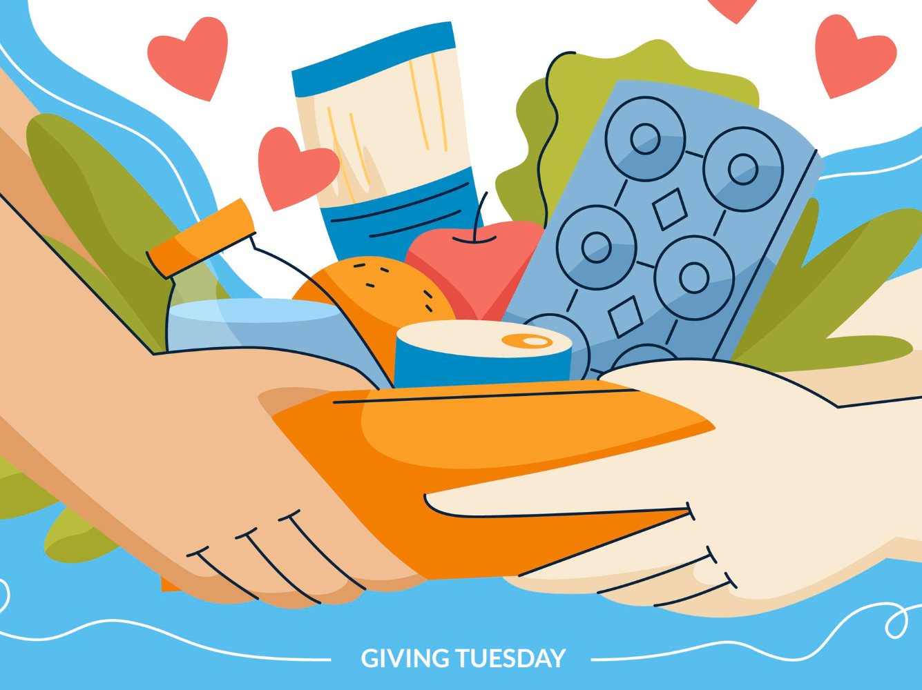 Illustration of hands exchanging a box filled with food and essentials, symbolizing generosity and community support for Giving Tuesday marketing campaigns.