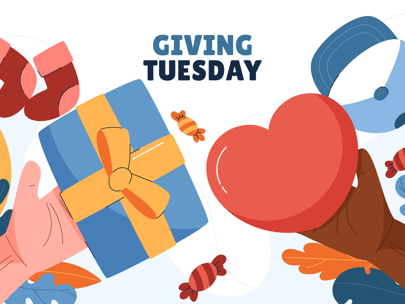 Illustration of hands holding a heart and a gift box with the words “Giving Tuesday,” symbolizing generosity and kindness on Giving Tuesday.