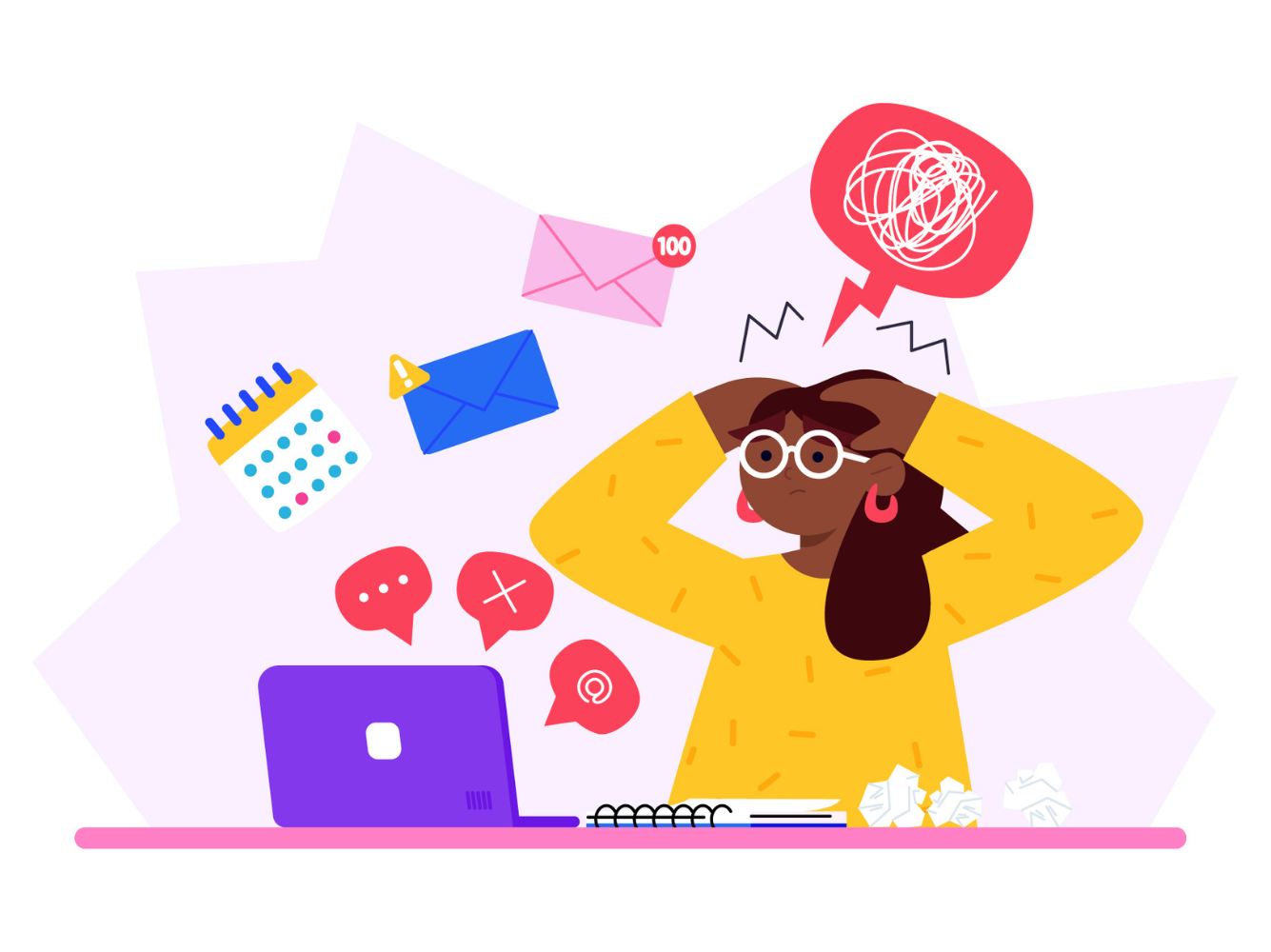 An illustration of a woman overwhelmed symbolising giving Tuesday marketing mistakes she has done