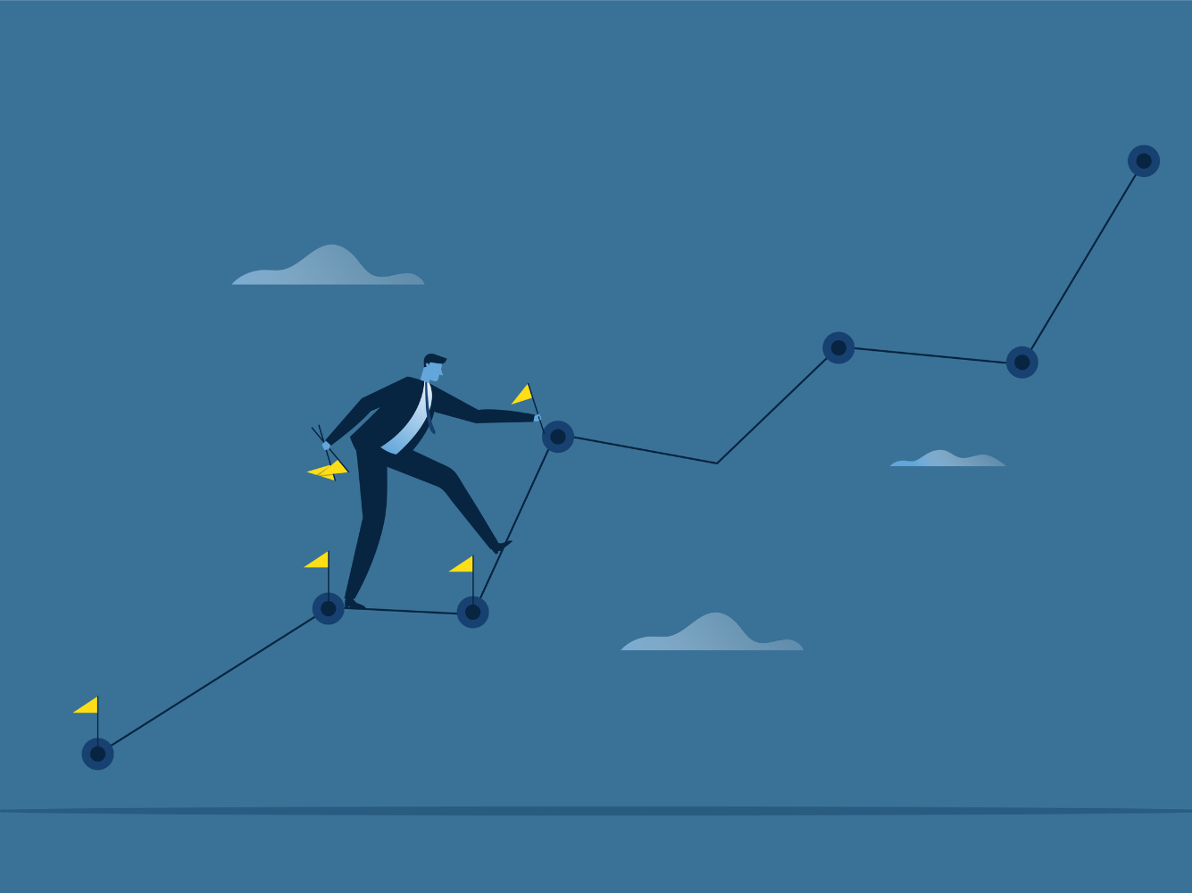 An illustration of a man climbing stairs made of lines symbolizing reframing rejection as growth